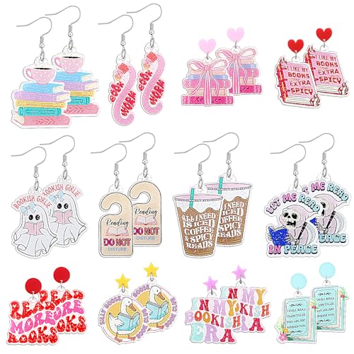 Nosiny 12 Pairs Glitter Acrylic Book Earrings for Book Lover Women Funny Reading Ghost Coffee Silly Goose Drop Dangle Earring Bookish Jewelry Accessories Supply for Bookworm Reading Lover Teacher Gift