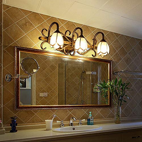 Image of LITFAD LED Wall Sconce Lighting Lotus Shade Bathroom Vanity Light Metal 3 Lights Vintage Style Rust-Proof Wall Light in Bronze for Bedroom Dresser
