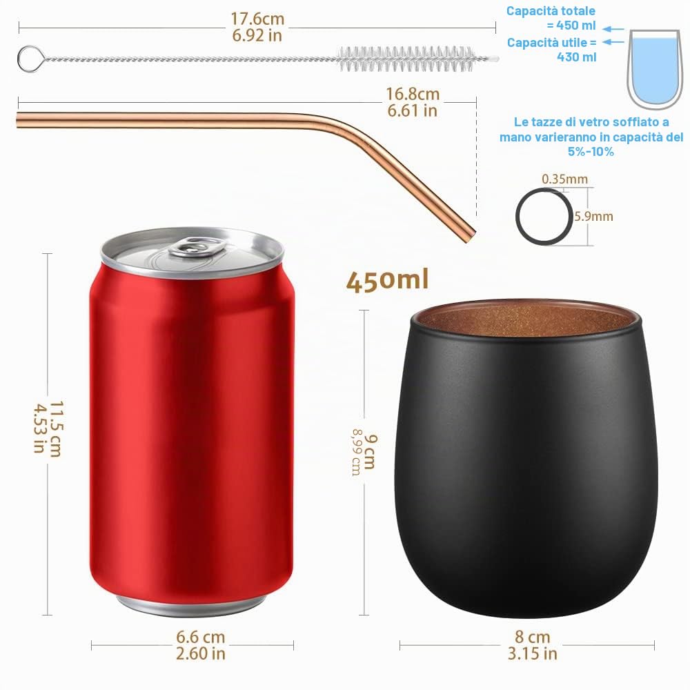 glastal Bicchieri da Cocktail Tazza Caffè 450ml Nero Bicchieri da Gin Set di 2 Bicchieri da Vino Bicchieri Acqua Vetro Tazza da Caffè Tazzine Caffe per Tè, Regalo Donna Uomo Compleanno San Valentino