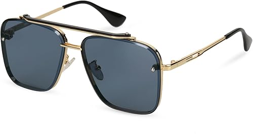Aviator Sunglasses for Women Men Retro Double Bridge Square Metal Frame Twin Beams Mirrored Shades