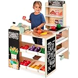 Best Choice Products Pretend Play Grocery Store Wooden Supermarket Toy Set for Kids w/Play Food, Chalkboard, Cash Register, Working Conveyor - Natural