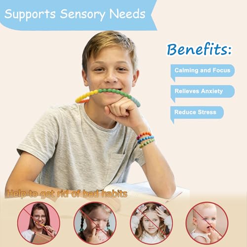 Chewy Necklace Sensory 2 Pack, One Piece Safety Design Chewing Necklace for Kids Sensory with Autism, ADHD, SPD, Silicone Adult Fidget Oral Chew Toys for Boys Girls Nail Biting Reduce Anxiety Stress - Image 4