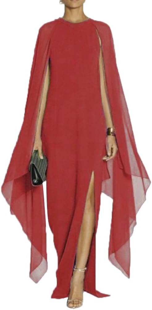 Maketina Women's Flare Chiffon Sleeve High Split Formal Evening Gown Maxi Dress with Cape Blush Red S