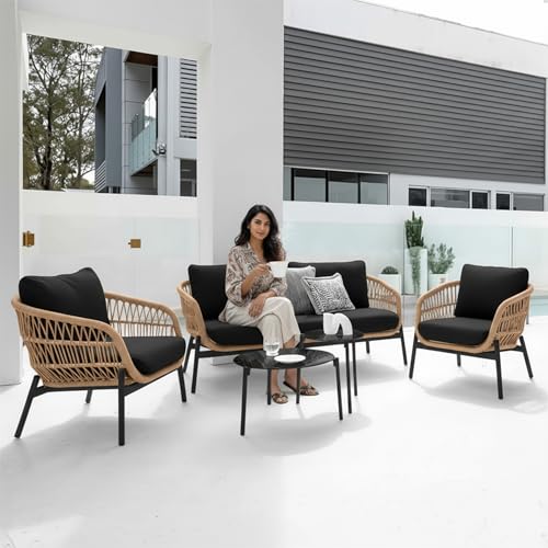 Image of Amazon Brand - Solimo Outdoor 4 Seater Sofa Set | Balcony Sofa | Patio Furniture Sets | Conversation Sets | Braid & Rope Garden 4 Seater Sofa Set with Center Table (Tan-Black)