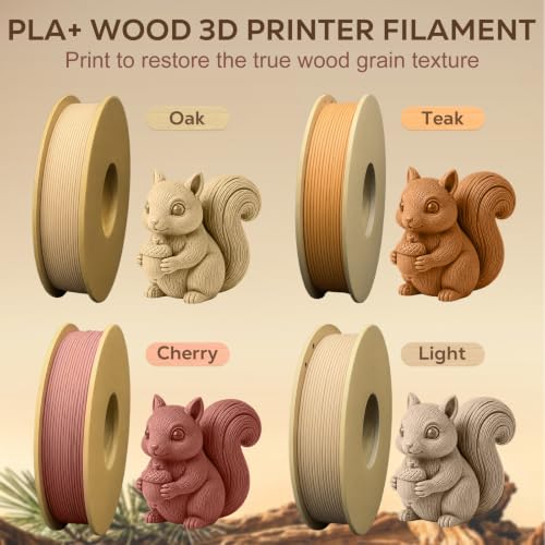 Image of Wood PLA+ 3D Printer Filament Bundle, Add More Than 20% Real WoodFiber, Wood Grain PLA+ Filament 1.75mm, Fits Most 3D Printers, Ideal as Gift - 4 Spools 250g Each (Oak, Teak, Cherry, Light)
