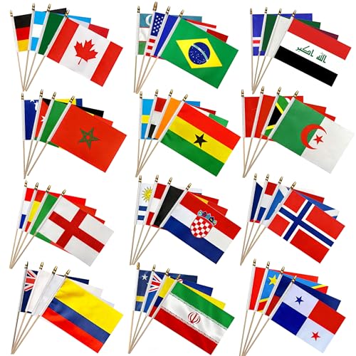 2026 World Cup Teams Flags Decorations 48 Country Small Mini Hand Held Flags with Wooden Stick World Cup Soccer Party Sports Events Bar Club Parade Decorations 8.2 x 5.5 Inch