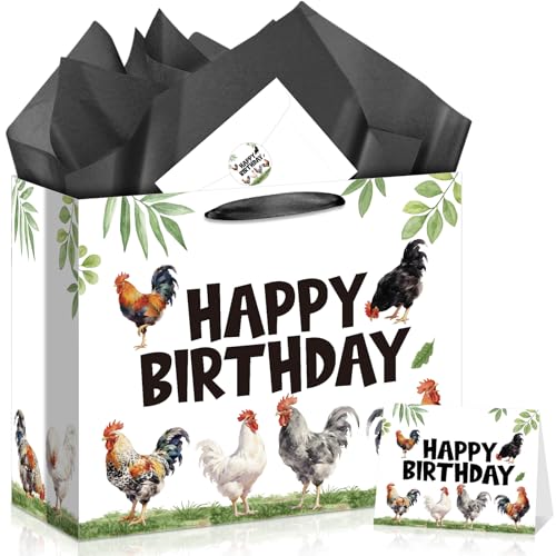 Chicken Birthday Gift Bag Set Funny Chicken Gift Bag All-in-One Gift Wrapping Kit with Greeting Card Sticker Envelope and Tissue Paper for Hen Rooster Lovers Gifts Farm Animal Birthday Party Favors