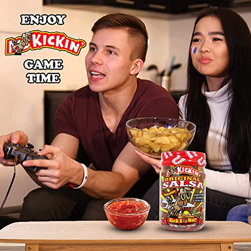 Kickin' Original Hot Spicy Salsa - 13 Oz. - Premium Gourmet Spicy Hot Habanero Salsa For Tortilla Chips, Veggies, And Breakfast Burritos – Warning - Try If You Dare! #TOP2