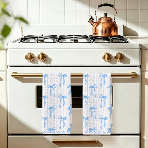 Image of Hanamiya Na 2 Pcs Coquette Bow Hand Towels 24x14 Inch, Cute Preppy Decorative Bath Dish Towel Waffle Weave Hand Cloth Tea Towel for Home Kitchen Bathroom Decor (Blue)