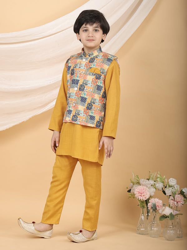 Image of superminis Boys Cotton Printed Full Sleeves Kurta Pyjama with Jacket Ethnic Wear Set