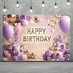 Purple Gold Happy Birthday Backdrop Banner with Flowers Balloons Glitter Lights Photography Background for Women Girls Party Decoration Supplies Birthday Banner Photo Booth Props 71x43 Inch - Image 2