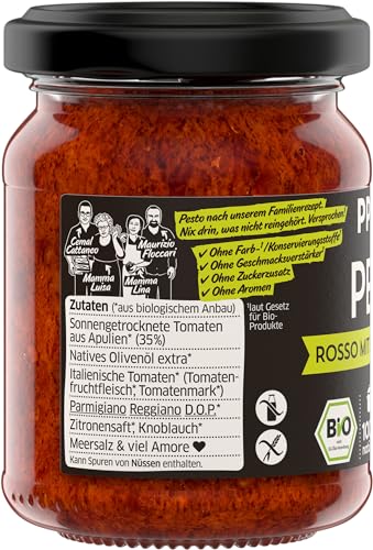 PPURA Bio Pesto Rosso mit 35% Sonnengetrockneten Tomaten | Rotes Pesto mit Parmigiano Reggiano & nat. Olivenöl Extra | Nudel-Soße Made in Italy | 100% Natürlich Ohne Zusatzstoffe | 120g Glas