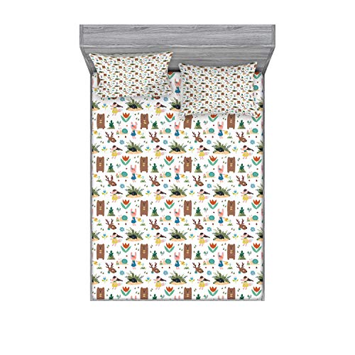 Ambesonne Animal Fitted Sheet & Pillow Sham Set, Kids Cartoon Style Cheerful Woodland Animals as Bear Mole Deer Rabbit and Snail, Decorative Printed 3 Piece Bedding Decor Set, Full, Brown White