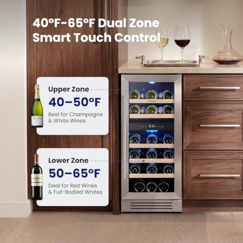 Image of Yeego 15 inch Wine Cooler - 28 Bottle Dual Zone Wine Fridge Glass Door, 40F-65F Freestanding Under Counter & Built-in Wine Refrigerator for Kitchen Hone Bar Office