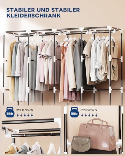 Mavivegue Kleiderschrank Stoff, 170 * 42 * 170 cm, Stoffschrank mit 4 Kleiderstange Stabil & 8 Fächern, Faltbarer Kleiderschrank, für Schlafzimmer und Wohnzimmer（Schwarz）