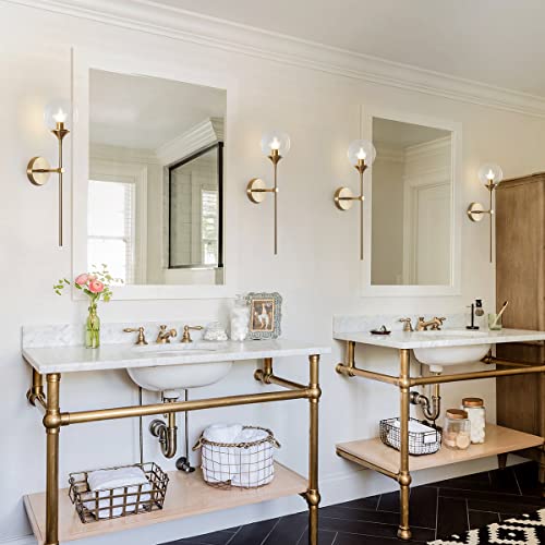 Image of BOKT Clear Bubble Glass Globe Wall Mounted Sconce Light Set of 2 Modern Brass Gold Long Pole Wall Sconce Lighting Set of Two Mid Century Vintage Bathroom Mirror Wall Lamp (Clear)