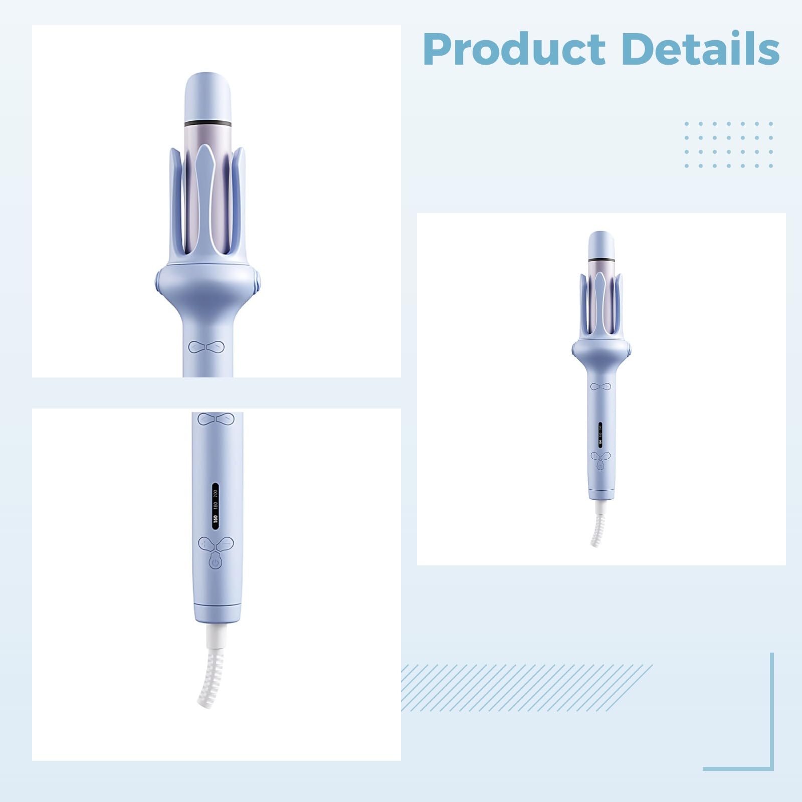 2-in-1 Automatischer Lockenstab, 1 1/4 Zoll, Signalton und taktile Oberfläche, Anti-Verheddern, 3 Temperaturstufen, 60 Min Abschaltautomatik, LCD-Display, für alle Haartypen, Himmelblau