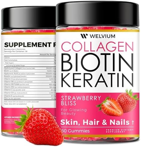 Biotin and Collagen Peptide Gummies Multivitamin Complex with Keratin, Hyaluronic Acid, Zinc, Vitamins B6, B7, B12, A, C, D3, E – Hair Growth, Skin, Stronger Nails Supplement for Women and Men