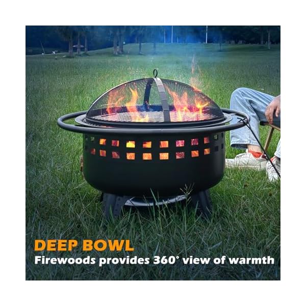 32 Inch Fire Pit with Grill,Outdoor Wood Burning with Fire Poker,for Patio,Backyard,Black - Image 6