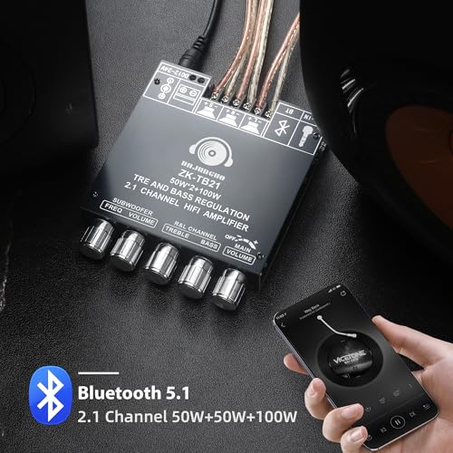 Image of DAJUNGUO ZK-TB21 Power Amplifier Board Bluetooth5.1 TPA3116 Chip with Subwoofer 2.1 Channel 50WA-2+100W, DC 12-24V Bluetooth and AUX Inputs