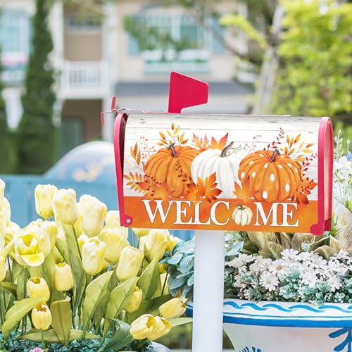 Image of Welcome Autumn Orange Pumpkin Mailbox Cover - Magnetic Fallen Leaves Standard Size 18 X 21 - Fall Holiday Wrap Post Letter Box Decorative for Home Outdoor Garden
