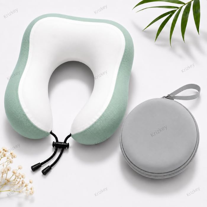 Image of Memory Foam Travel Neck Pillow with Portable Storage Case | Soft U-Shaped Neck Support Cushion for Airplane, Car, Train & Office | Lightweight Ergonomic Travel Pillow (Green)