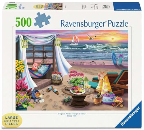 Ravensburger - Cabana Retreat - 500 Piece Large Format Jigsaw Puzzle - Enjoy Peaceful, Salty Breezes and a Stunning Ocean Sunset - Frameable - Premium Quality - Puzzles for Adults