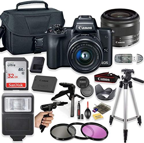 Canon EOS M50 Mirrorless Digital Camera (Black) with 15-45mm STM Lens + Deluxe Accessory Bundle Including Sandisk 32GB Card, Canon Case, Flash, Grip Multi Angle Tripod, 50" Tripod, Filters and More.