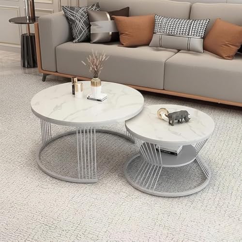 Image of Modern Nested Coffee Table Set of 2 | Round Marble Finish Tabletop with Metal Base | Luxury Center Table for Living Room, Lounge & Office (Gry White)
