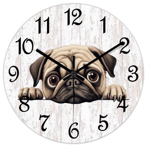 COCOKEN Pug Round PVC Wall Clock Peeking Dog Quiet Silent Wall Clock Aesthetic Decorative Clock for School Kitchen Office Wall Hanging 10 Inch