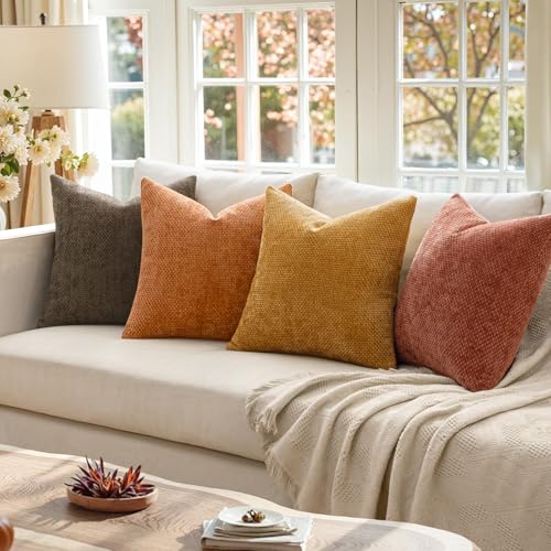 Image of MIULEE Pack of 4 Orange /Yellow Couch Throw Pillow Covers 20x20 Inch Halloween Soft Decorative Chenille Pillows Farmhouse Accent Cushions for Boho Home Decor Spring Sofa Bedroom Living Room