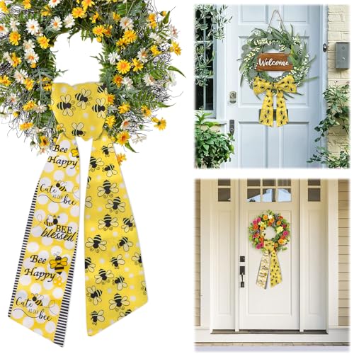 Habbiful Spring Wreath Sash for Front Door Yellow Bees Sash Holiday Wreath Accessories for Home Garland Wedding Birthday Party Decorations
