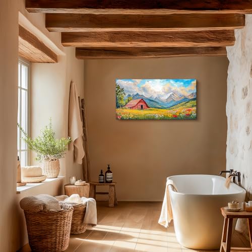 crmotu Mountain Barn Large Wall Art, Rustic Farmhouse Wall Decor, Nature Landscape Art Prints, Colorful Wildflowers Canvas Paintings, Bright Pictures for Living Room Bedroom Kitchen 20x40 Inch