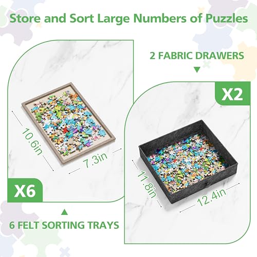 Image of CODACE Puzzle Table with Drawers - 1500 Pieces Jigsaw Puzzles Table for Adults, Hand-Cranked Height-Adjustable Puzzle Tables with Leg, Tilting Puzzle Board with 6 Tray and Cover, Present for Puzzlers
