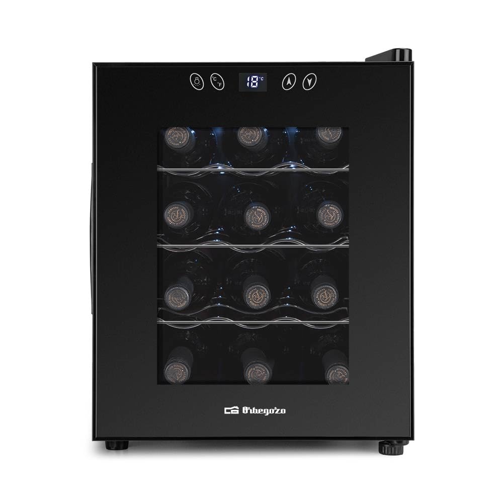 Orbegozo VT 1230 Vinoteca de 12 Botellas Volumen 31 Litros Panel Táctil Pantalla Digital Termostato Regulable 11-18°C Luz LED Interior Silenciosa Estantes Cromados 70W
