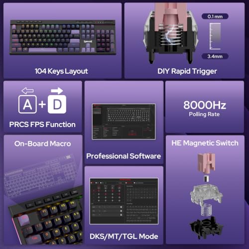 Image of Redragon K580 HE Rapid Trigger Gaming Keyboard, 100% 104 Keys Wired Mechanical Keyboard w /Hyper-Fast Actuation, 8K Hall Effect Magnetic Switch, Dedicated Media Controls, Onboard Macro Recording