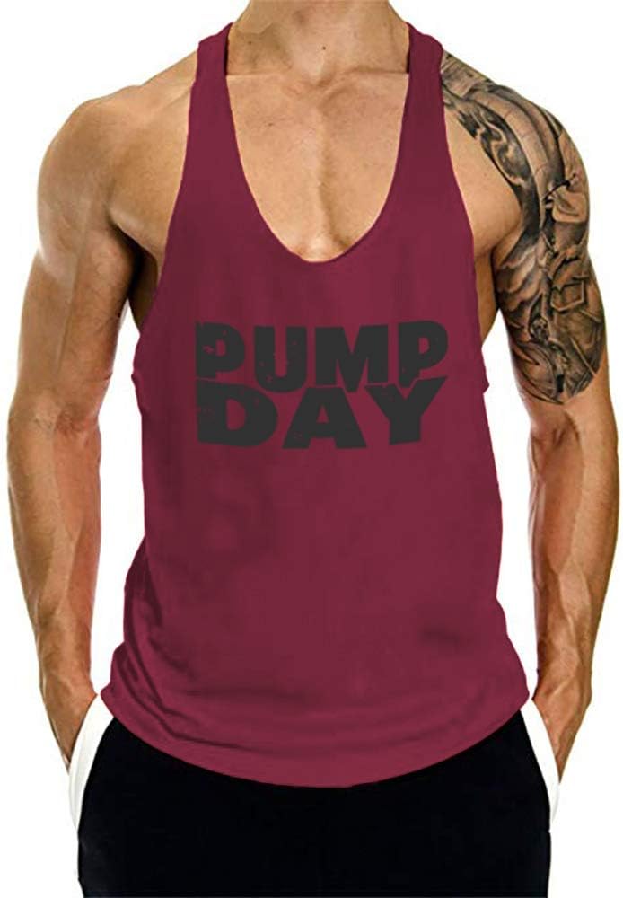 GymRevolution Men's Pump Day Muscle Fit Tank Top Gym Fitness Stringer Bodybuilding Tank Tops Wine Red Black M