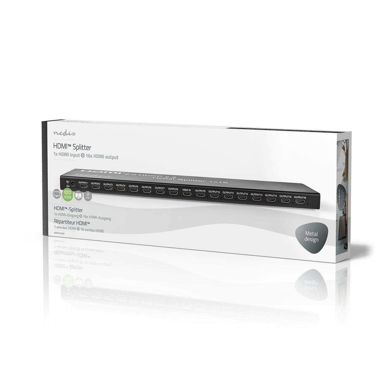 Nedis Divisor HDMI, 16 Puertos Ultra HD, 4K2K a 60Hz, 3D, soporta HDCP 2.2, amplifica la señal de Video Digital, Conecta 1 Dispositivo a 16 Pantallas Ultra HD