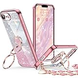 XYZ for iPhone 16E Case with Stand, Phone Case with Double Ring Kickstand, Women Girls Bling Luxury Glitter Clear Phone Case Cover Heart for iPhone SE 4, Rose Gold