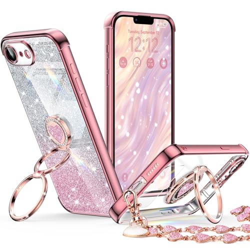 Coque iPhone 16E avec béquille double anneau transparente paillettes rose doré