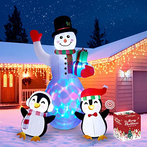 Christmas Inflatables Outdoor Decorations, 8 FT Inflatable Snowman with Penguins, SOLLED Blow Up Xmas Decorations Clearance Indoor Outdoor Yard Garden Patio Lawn Decor with LED Christmas Lights