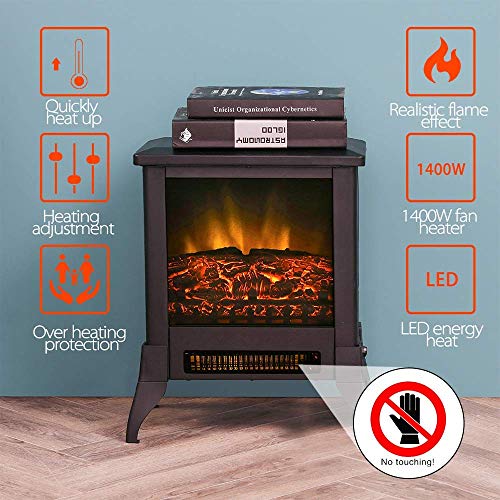 Festival Depot Freestanding Electric Fireplace 1400W Realistic Log Flame Stove Portable Space Heater FireBox Thermostat Control Office Home Living Room Apartment Use Steel Overheat Protect (14“)