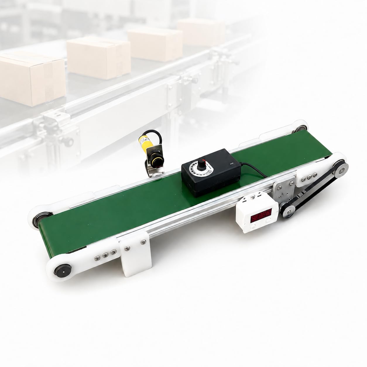 AMQYDT Desktop Conveyor Belt, Small Conveyor Belt with Photoelectric Counter, Adjustable Speed 1.8-7.6cm/s, 10 * 100CM Small Conveyor Cargo Lane for Assembly Line, Labs and Friction Experiments