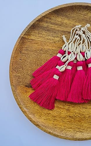 Image of Zippy Flora Handmade Cotton Tassels with Cowrie Shells for DIY & Crafts Project, Pack of 10 (Dark Pink)