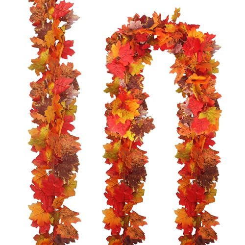 2 guirnaldas Artificiales de Hojas de Arce de 175 cm, decoración otoñal, con 4 Ganchos autoadhesivos, adecuadas para Acción de Gracias, Halloween, Navidad, Bodas y Fiestas