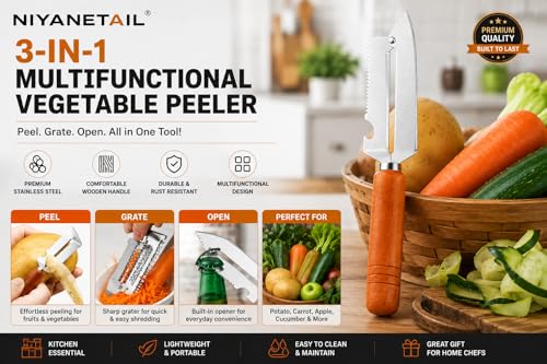 Image of 4-in-1 Multifunctional Vegetable Peeler with Wooden Handle Stainless Steel Fruit & Vegetable Grater & Bottle Opener Ergonomic Kitchen Peeling Tool for Potato, Carrot, Apple, Cucumber & More