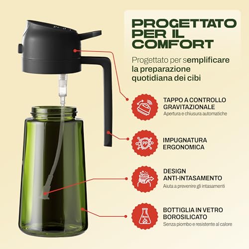 Portentum Spruzzino Olio Per Friggitrice Aria 470 Ml 2 In 1 Funzione Spray E Versamento – Oliera Spray Vetro Verde Protezione Dalla Luce – Etichette Multilingua – Nebulizzatore Insalate E Grigliate - 5