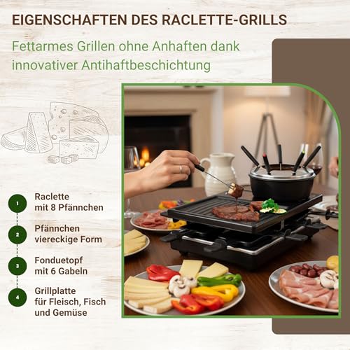 Syntrox Raclette Fondue 2in1 für 8 Personen, 1400 W, antihaft Grillplatte, 8 Pfännchen, 1,4 l Fondue-Topf, Thermostatsteuerung – Bild 3