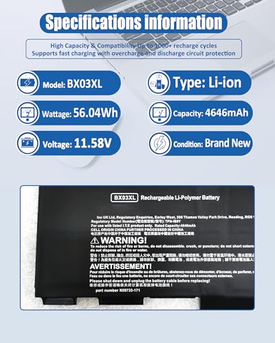 Image of 56.04Wh BX03XL Battery for HP EliteBook 830 835 840 845 860 865 G11 & ZBook Firefly 14 16 G11 Series Laptop - N59787-005 BX03056XL TPN-IB0Y HSTNN-OB3H N59733-AC1 - 4646mAh Replacement Battery