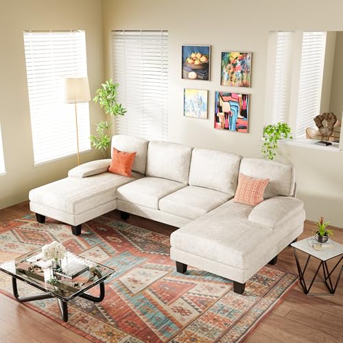 YESHOMY Sectional Couch for Living Room, Modern Cloud Couch with Deep Seat and Chaise, U-Shaped Sofa Couches with Padded Armrest for Small Apartment (Chenille, Cream)